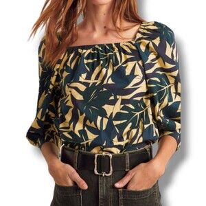 BA&SH Wally Leaf Print Square Neck Cotton Blouse‎ Yellow Blue New Size 3 …